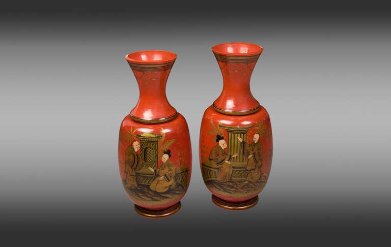 A pair of German lacquered terracotta vases, decorated with Chinese scenes. First half of 19th century. Karlsruhe castle inventory label.