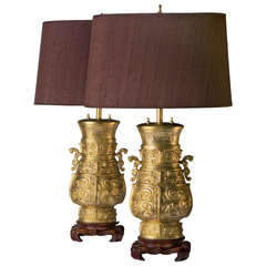 Pair of Lamps in Gilded Bronze and Wood Bases with Shades in Brown Silk, 1970s