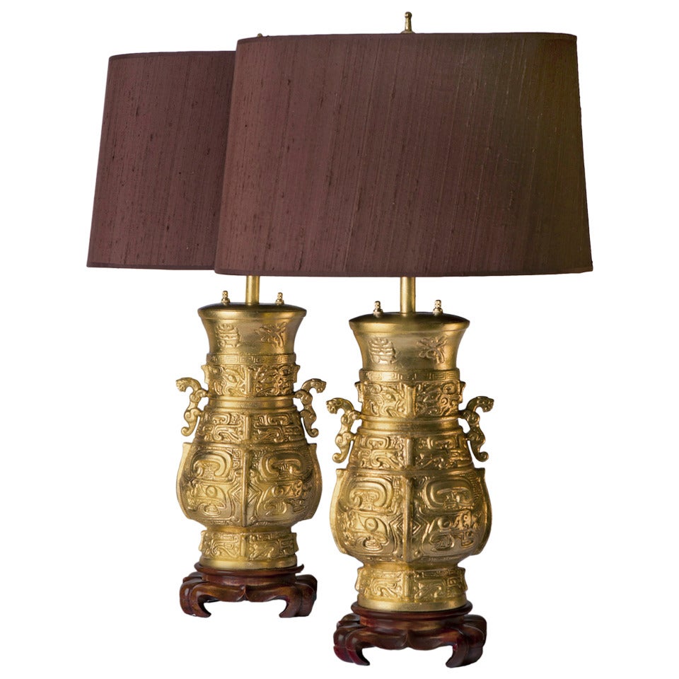 Pair of Lamps in Gilded Bronze and Wood Bases with Shades in Brown Silk, 1970s For Sale