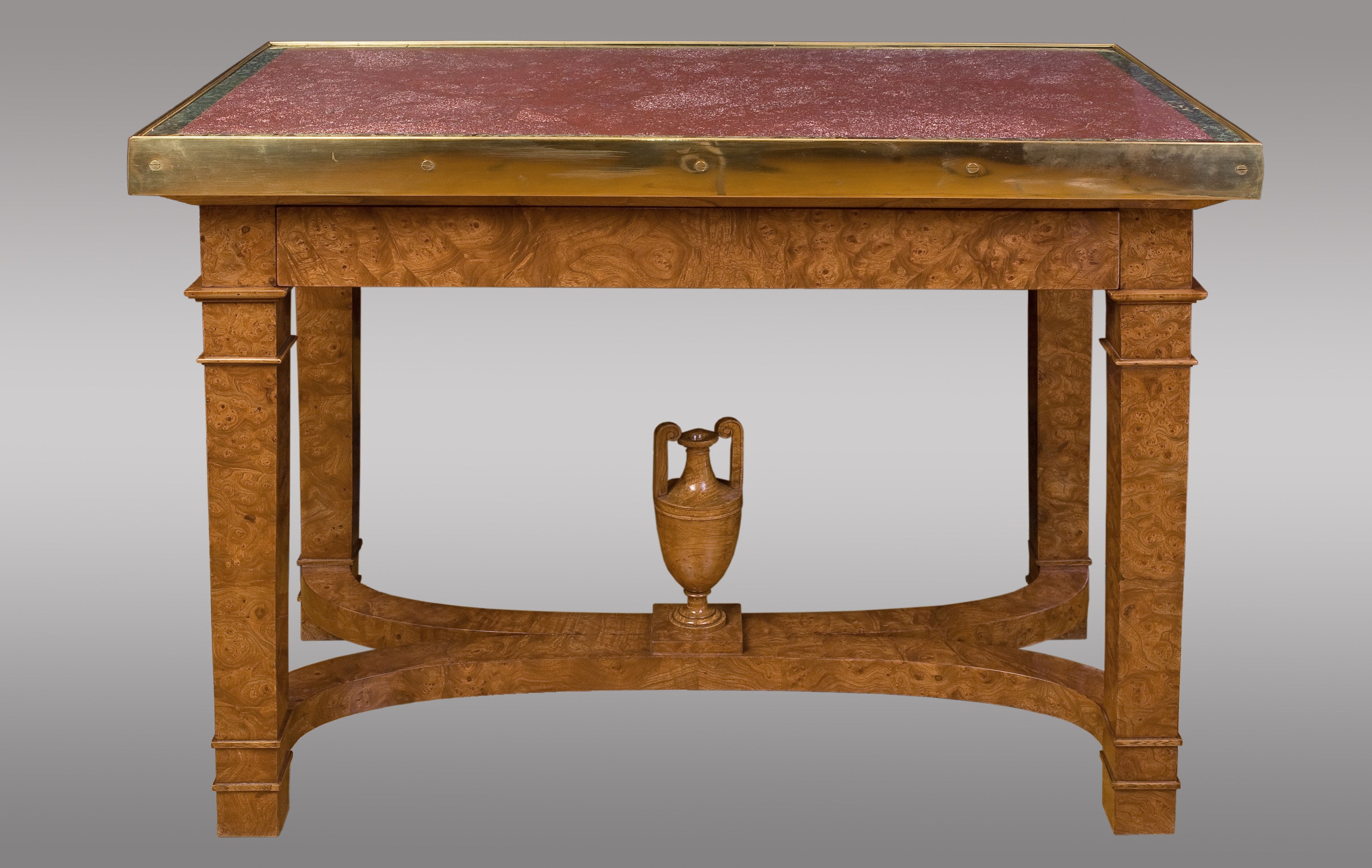 Russian Center Table in Elm Root Topped with Porphyry and Bronze, circa 1830 For Sale