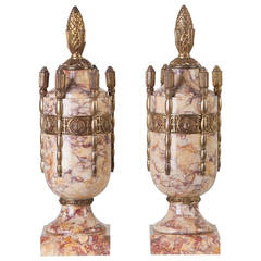 Pair of Art Deco Marble Urns with Bronze, France, circa 1920