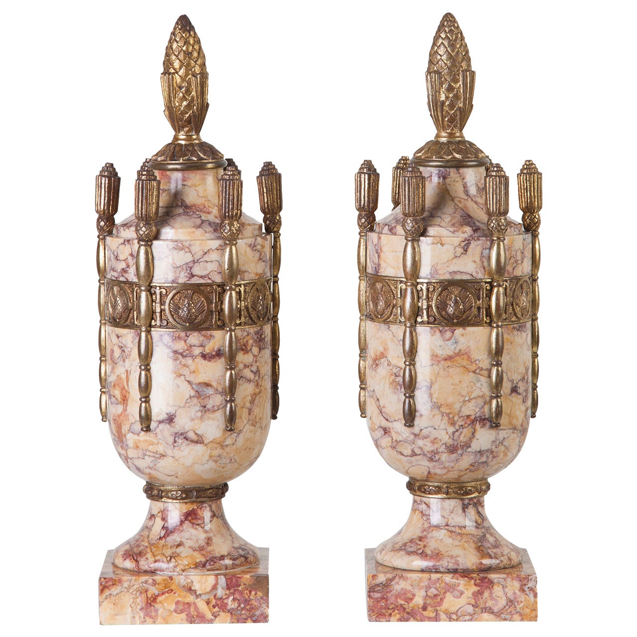 Pair of Art Deco Marble Urns with Bronze, France, circa 1920 For Sale