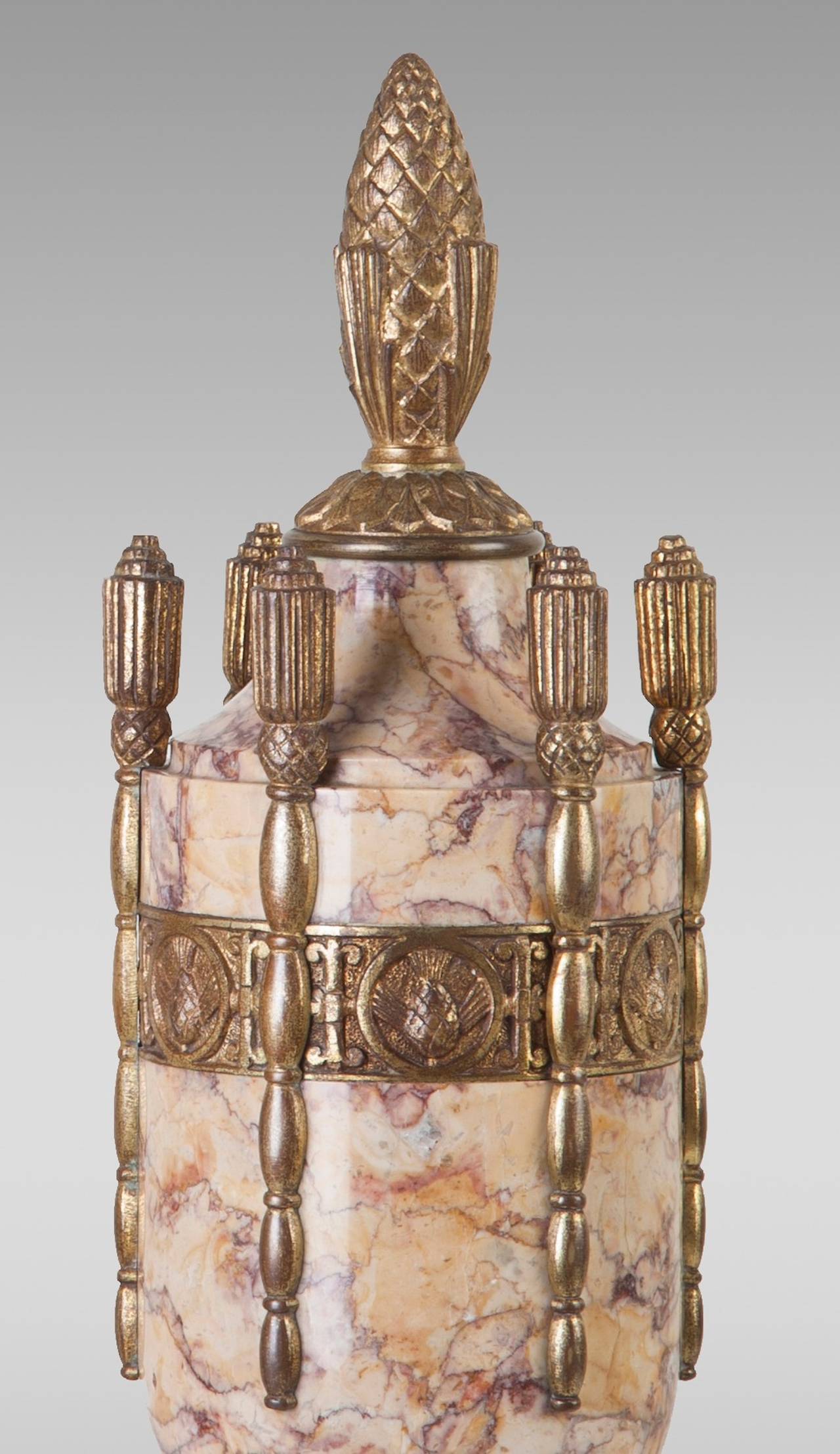 French Pair of Art Deco Marble Urns with Bronze, France, circa 1920 For Sale