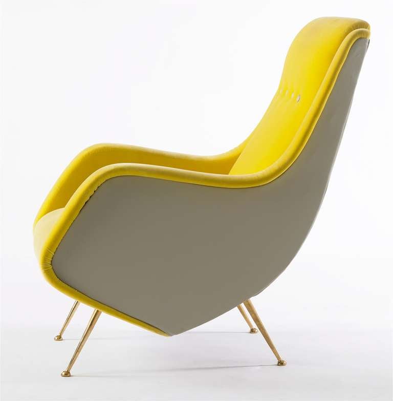 Rare Pair of Aldo Morbelli Armchairs. Reupholstered in yellow velvet and gray leather. 1950