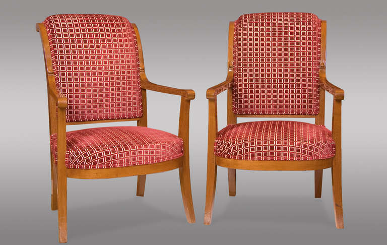 Stylized Mahogany Armchairs of Directoire Period. With burgundy velvet from Rubelli, France, circa 1800