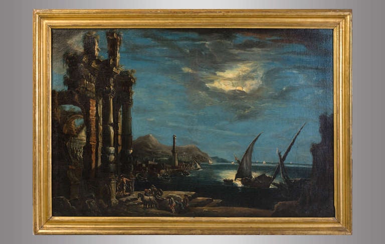 ''Nigth  view of harbor''  Italian painting school  Eighteenth Century