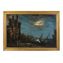 ''Nigth  view of harbor''  Italian painting school  Eighteenth Century