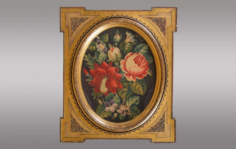 Two framed with floral motifs tapestries.