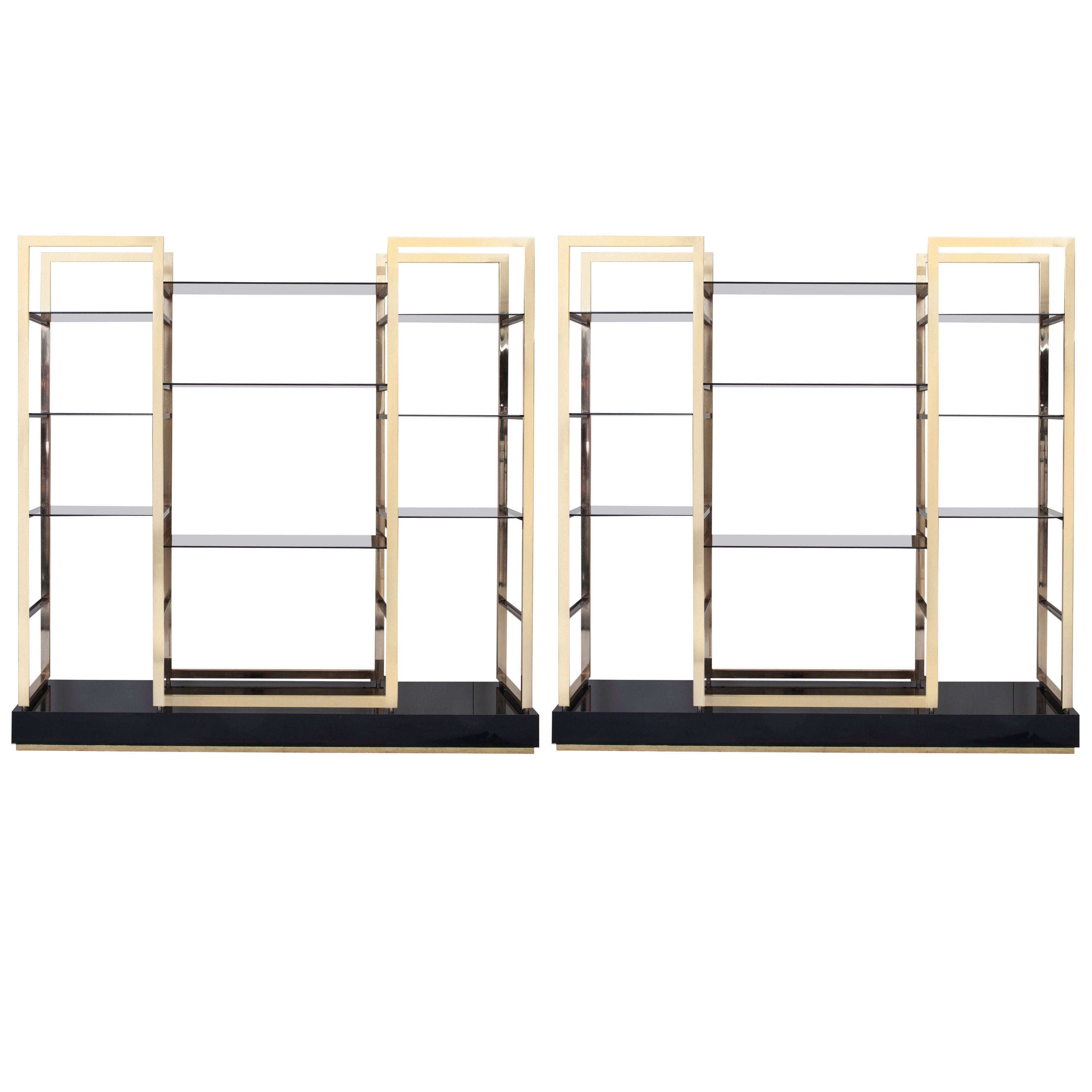 Pair of Etageres in Solid Gold Plated Steel Structure with Smoked Glass Shelves