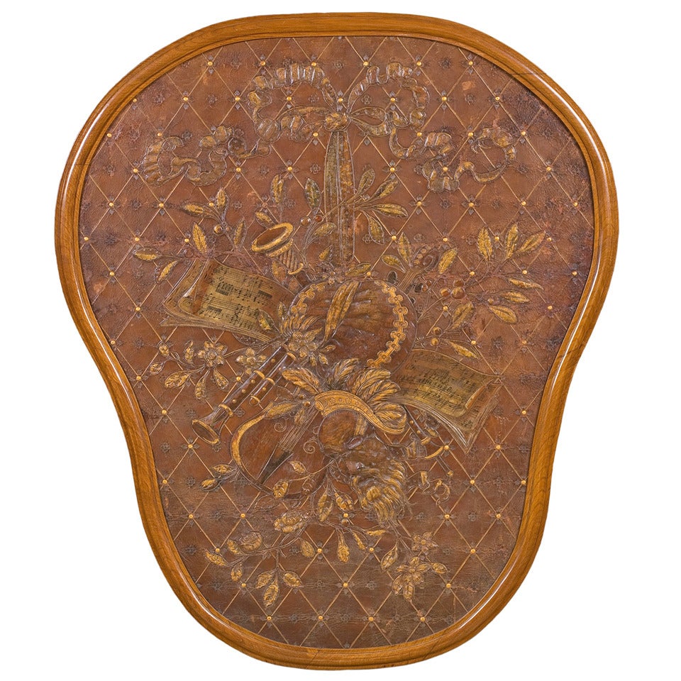 Very Rare Embossed Leather Panel Allegory of Music and Theater, 19th Century For Sale