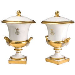 Pair of French Porcelain Vases with Covers Decorated in Gold
