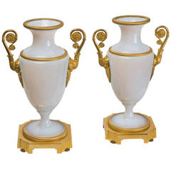 French White Opaline Vases with Gilt Bronze, Charles X Period