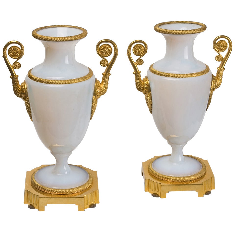 French White Opaline Vases with Gilt Bronze, Charles X Period For Sale