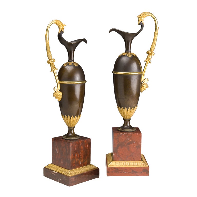 French Pair of Jars in Gilded and Patinated Bronze on a Marble Base Red Campan For Sale