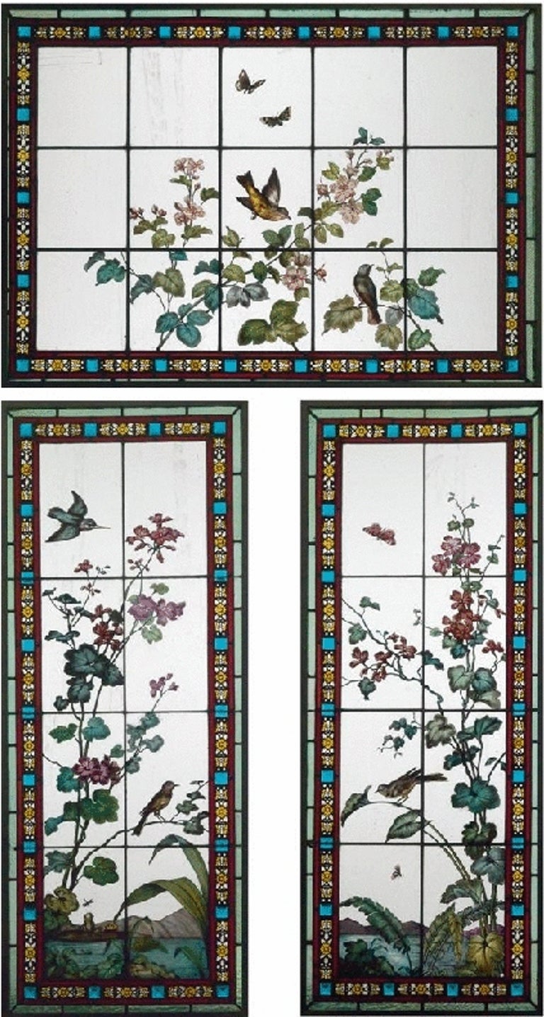 ThreePiece Stained Glass Window Set by Glasmalerei Geyling For Sale at