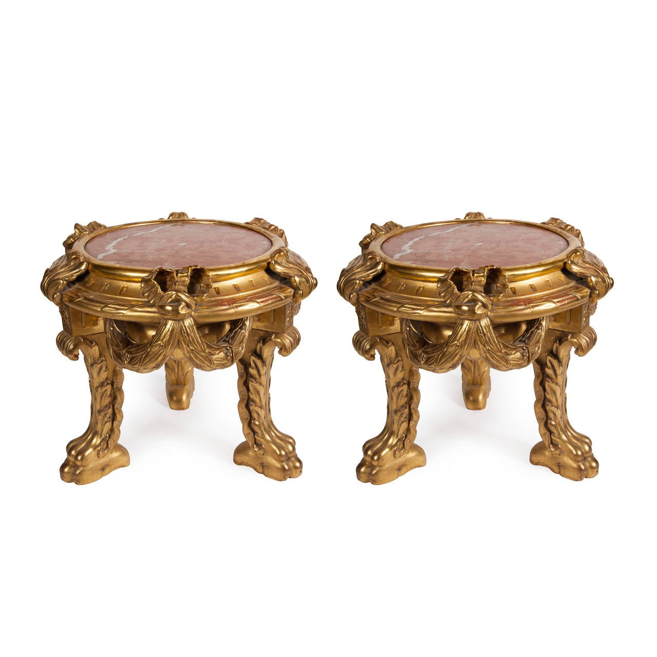 Pair of Giltwood Urn Stands with Pink Marble Tops