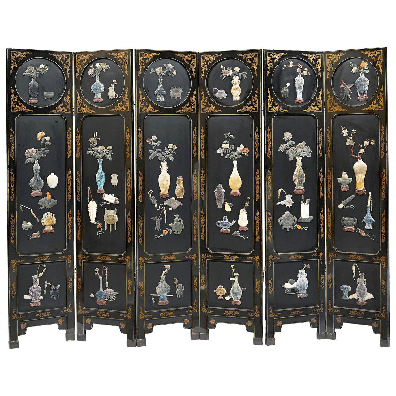 Large Hardstone Mounted Lacquered Folding SixPanel Screen For Sale at