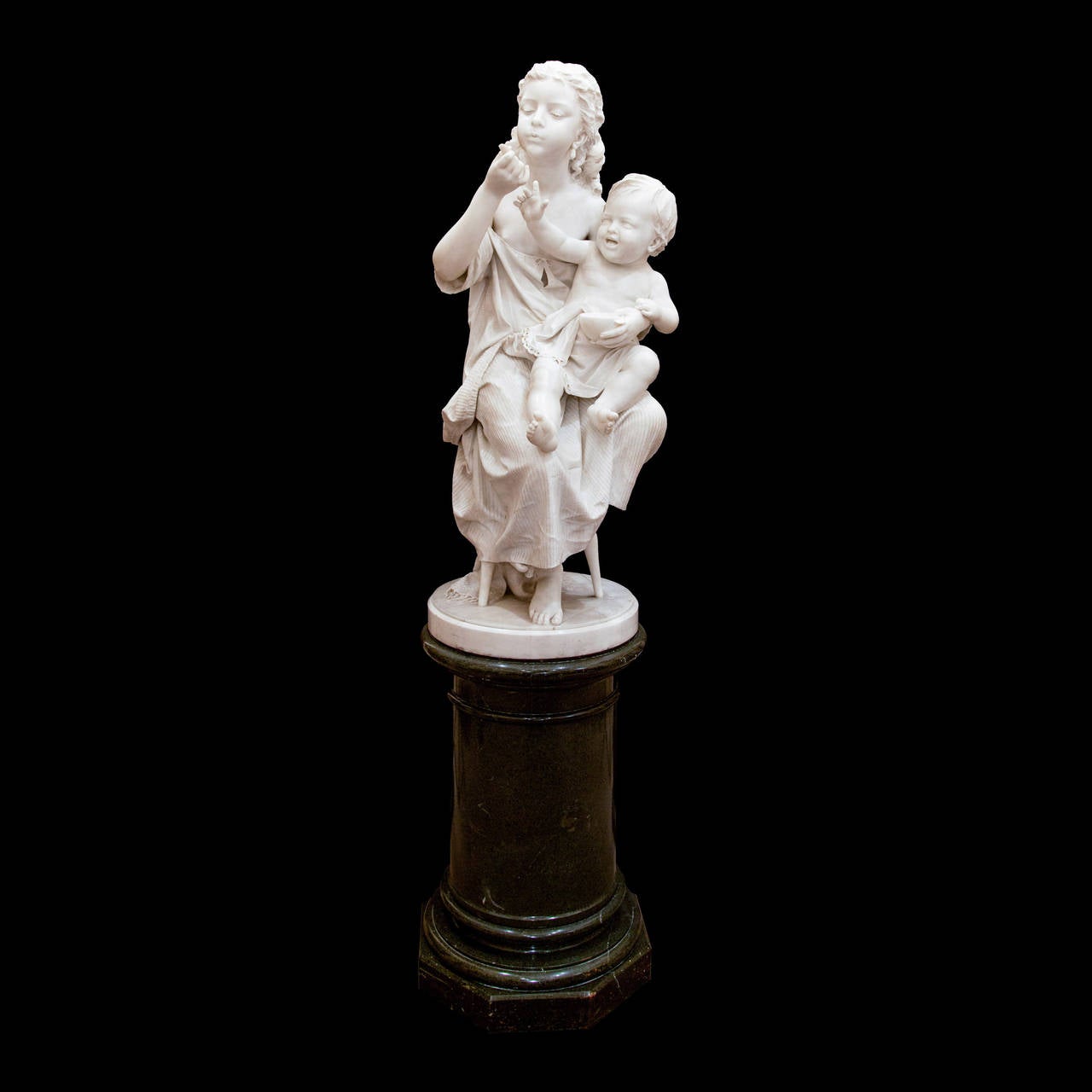 19th Century Fine White Marble Figural Group 'Big Sister' by R. Pereda
