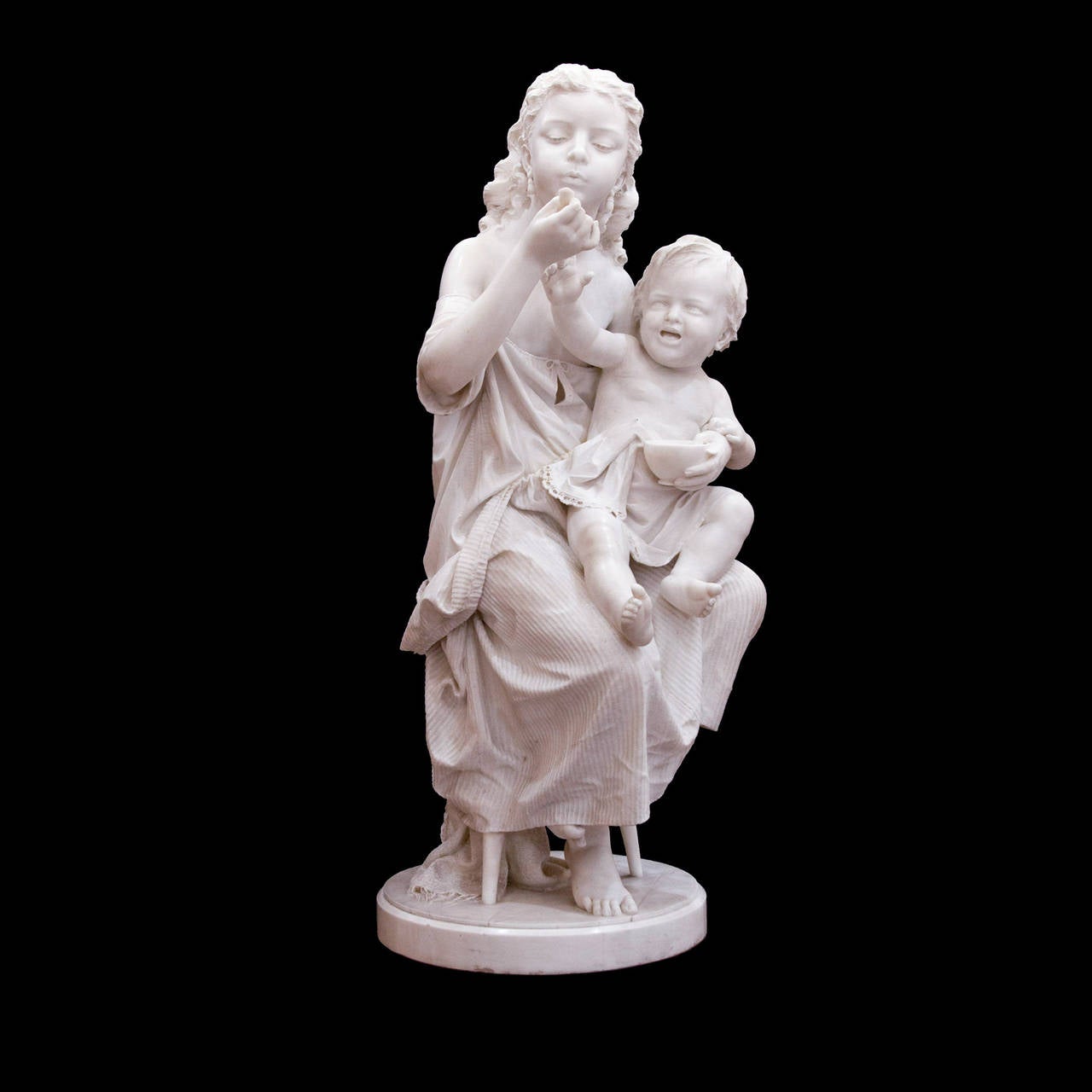 Italian Fine White Marble Figural Group 'Big Sister' by R. Pereda