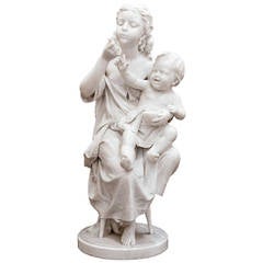 Antique Fine White Marble Figural Group 'Big Sister' by R. Pereda