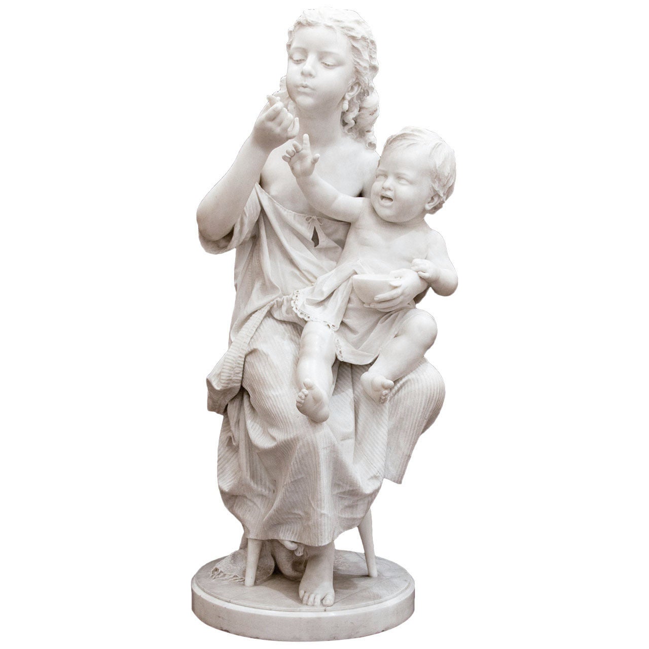 Fine White Marble Figural Group 'Big Sister' by R. Pereda