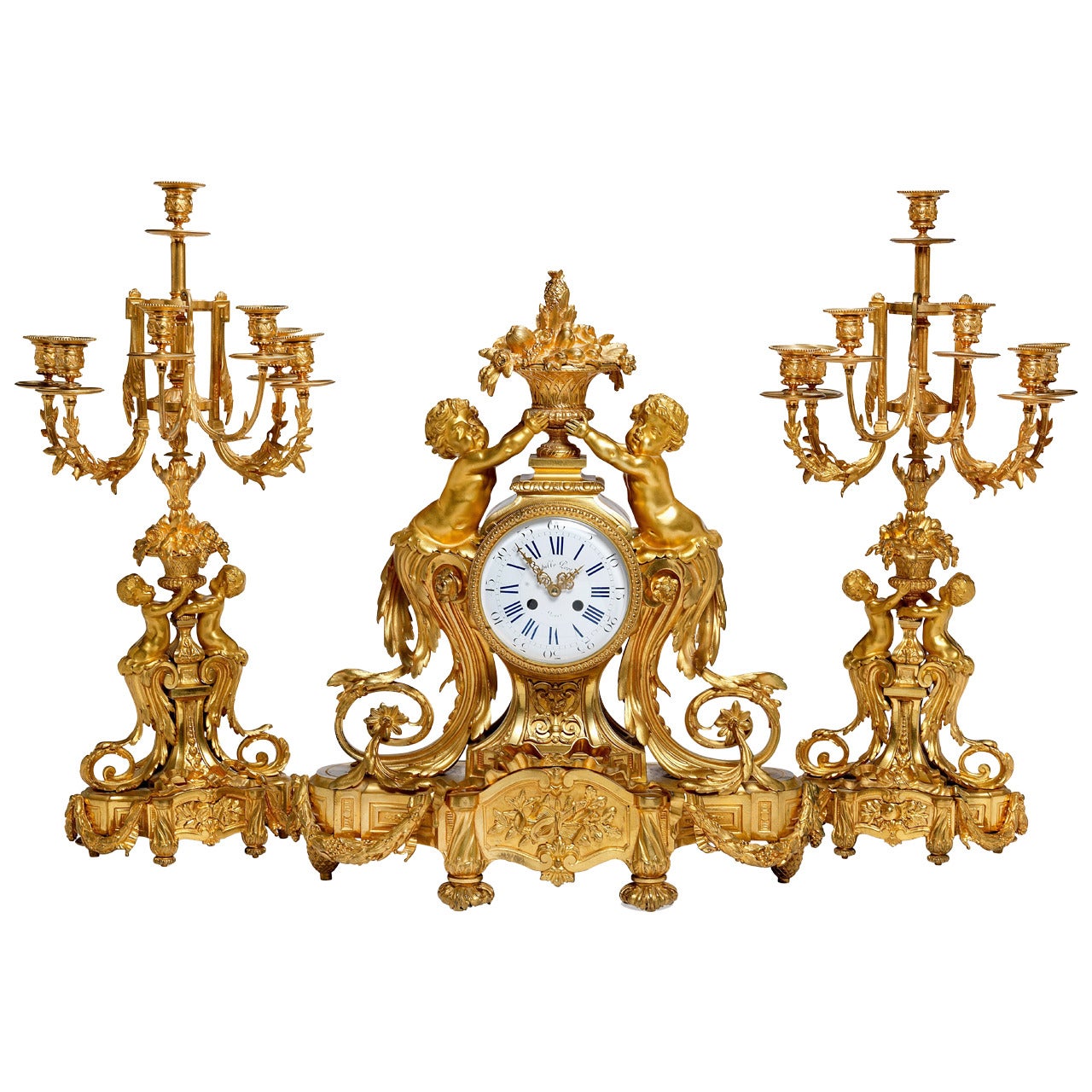 Large Napoleon III Period Ormolu, Three-Piece Clock Set