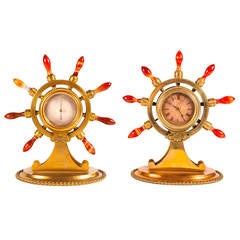 Victorian Ormolu Clock and Barometer Desk Set, of Maritime or Naval Interest