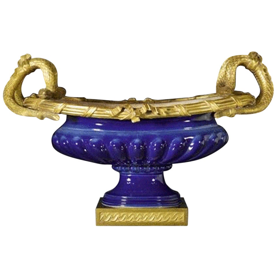 Blue Porcelain Jardiniere with Ormolu-Mounted Snake Handles