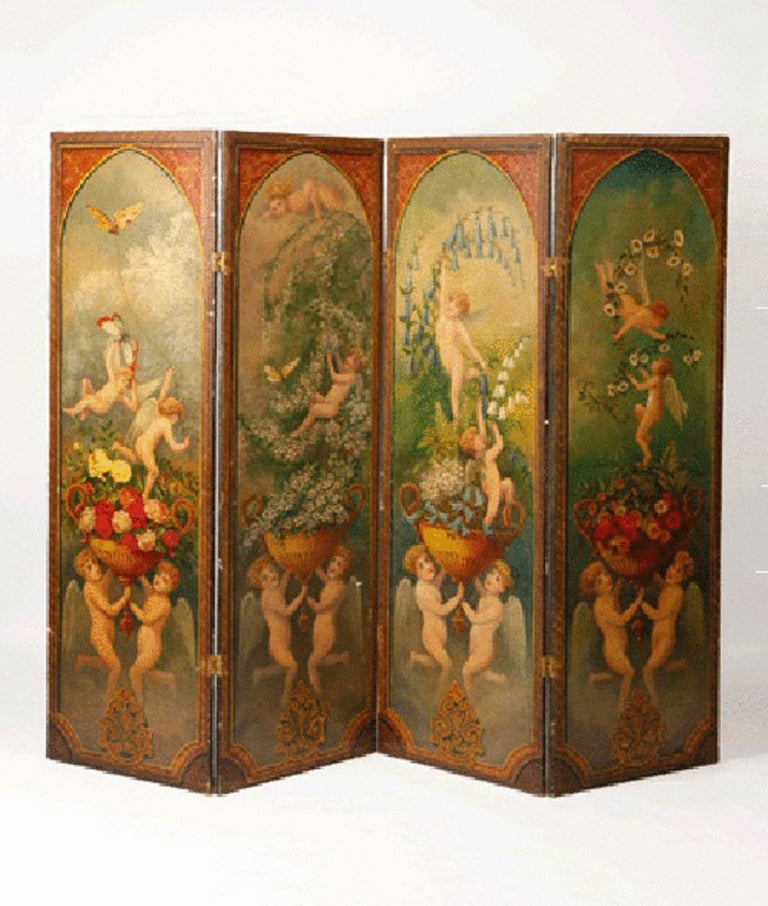 Antique French folding screen painted in the Romantic style For Sale