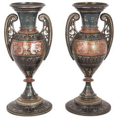 Pair of Silver and Gold Inlaid Damascened Brass Vases 3