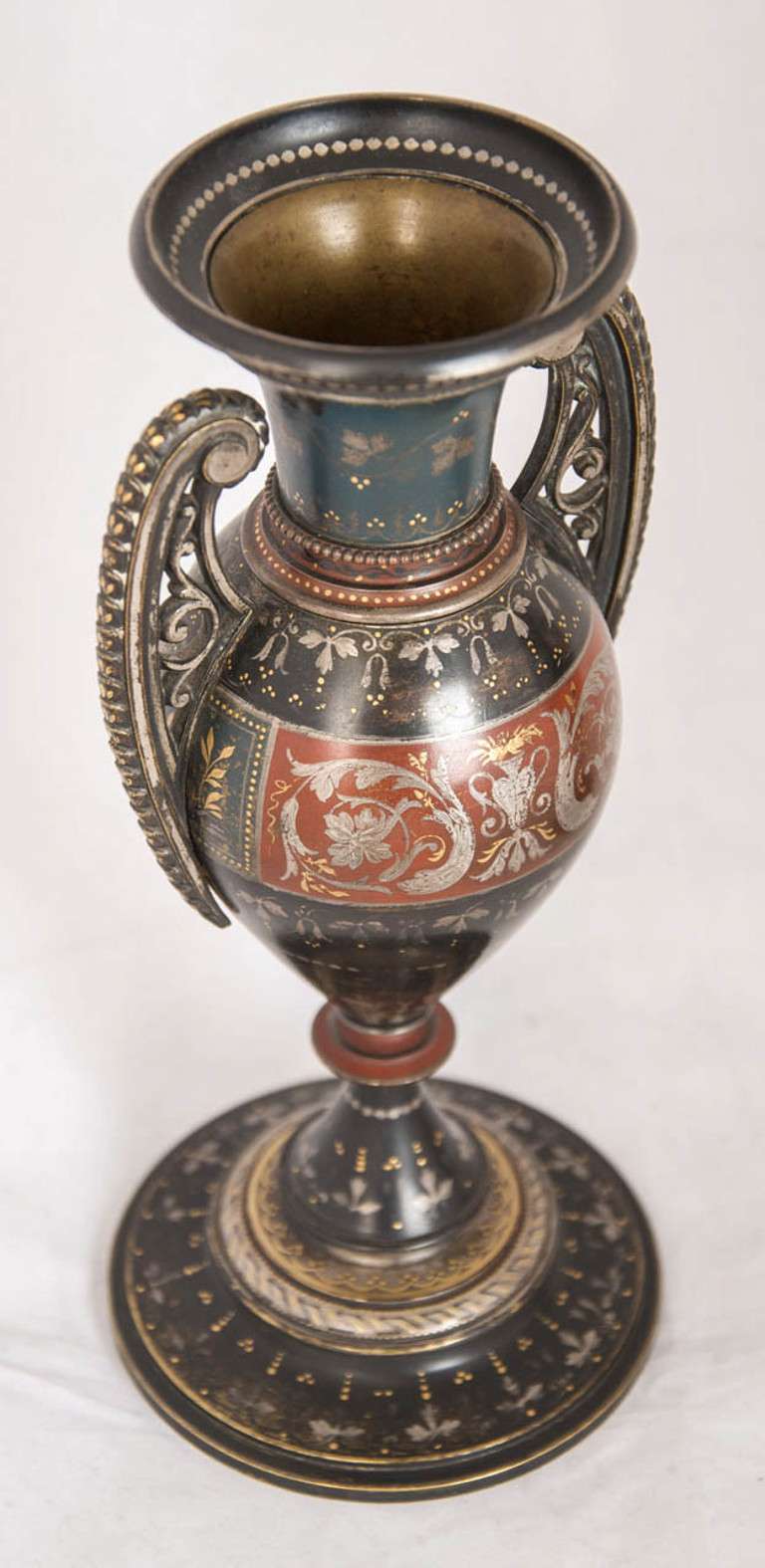 19th Century Pair of Silver and Gold Inlaid Damascened Brass Vases