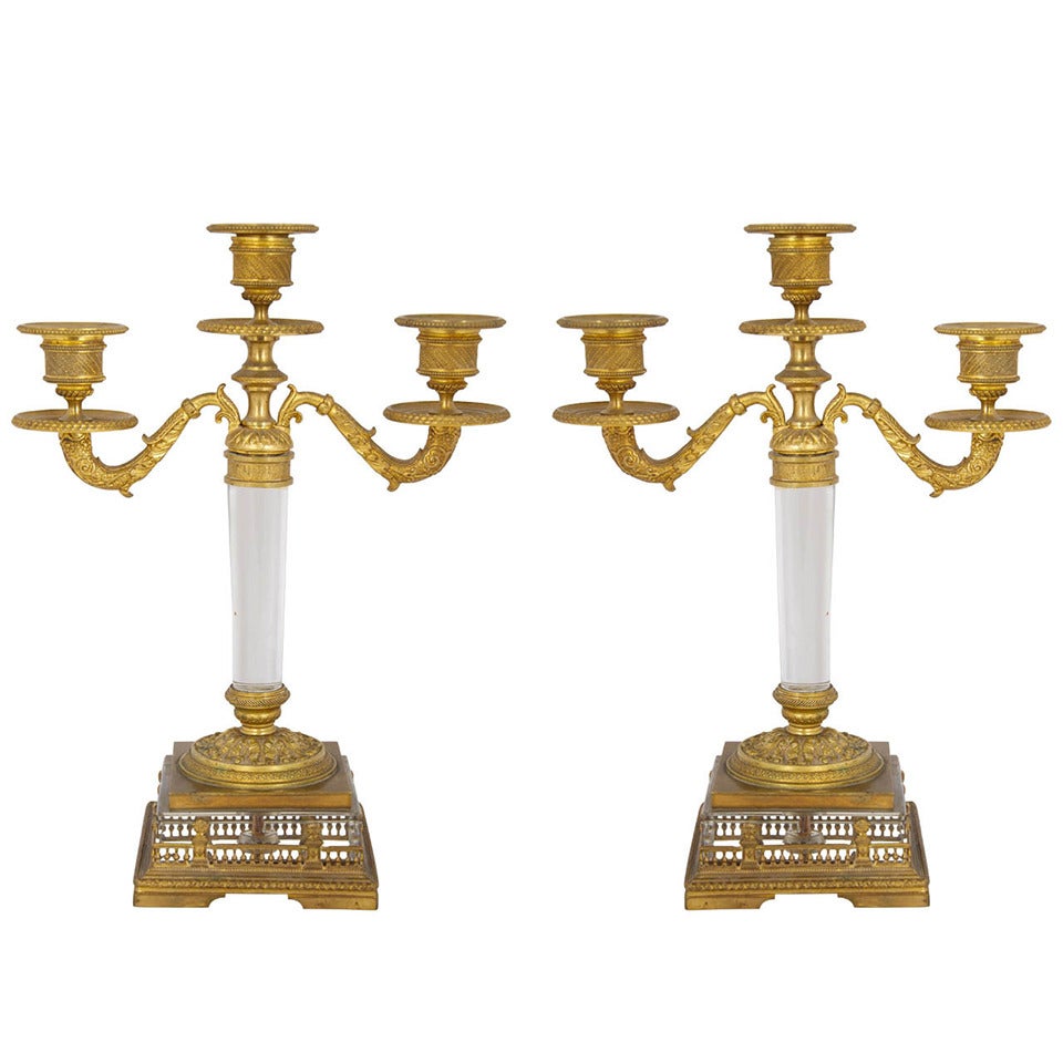 Pair of Antique Delicate Ormolu and Crystal Candelabra, circa 1890 For Sale at 1stDibs
