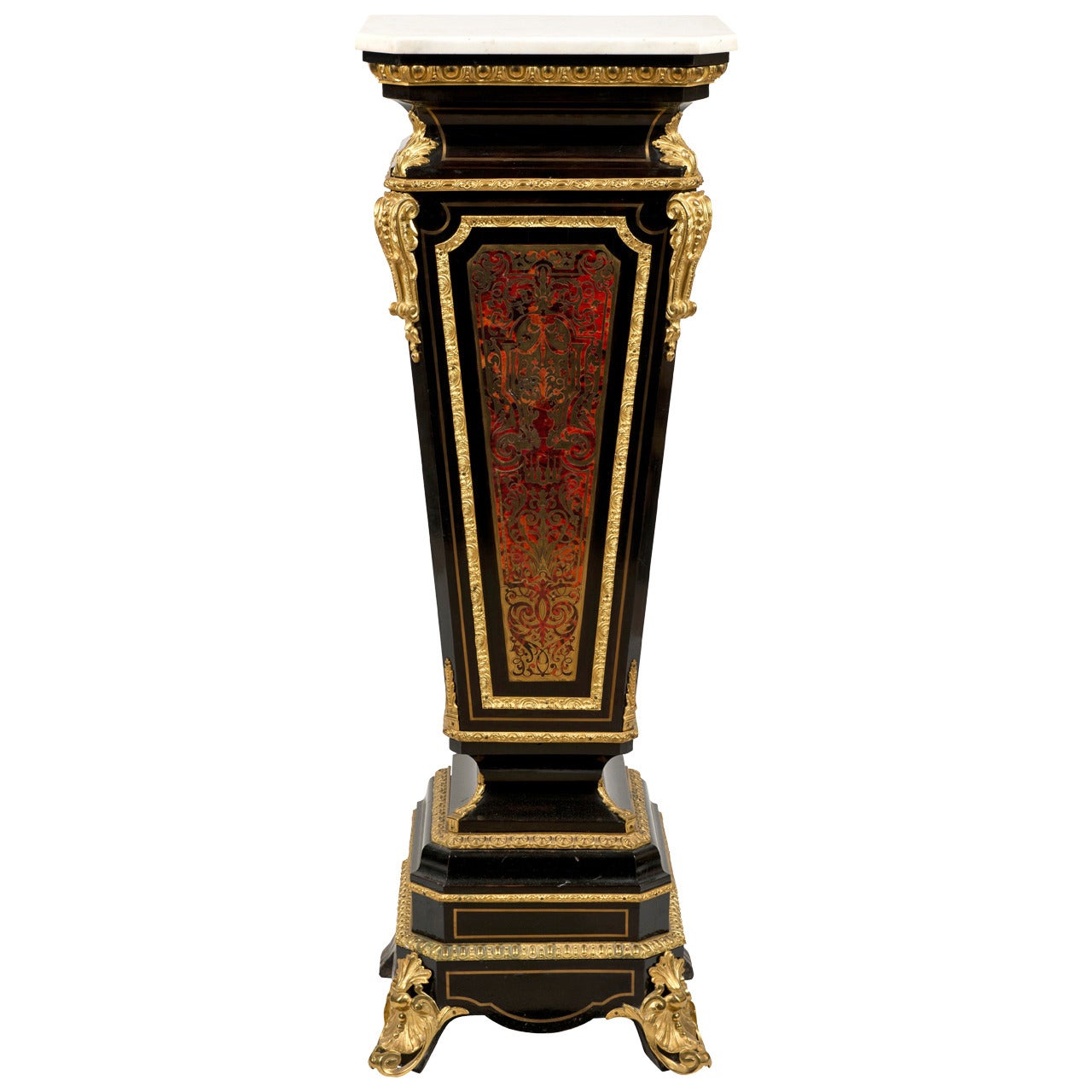 Large Ormolu-Mounted Boulle Marquetry Ebonized Wood Pedestal with Marble Top