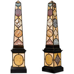 Pair of Large Ebonized Wood and Specimen Marble Obelisks 4