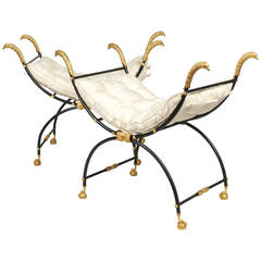 Pair of Empire Style Ormolu-Mounted Lacquered Metal Curule Chairs 1