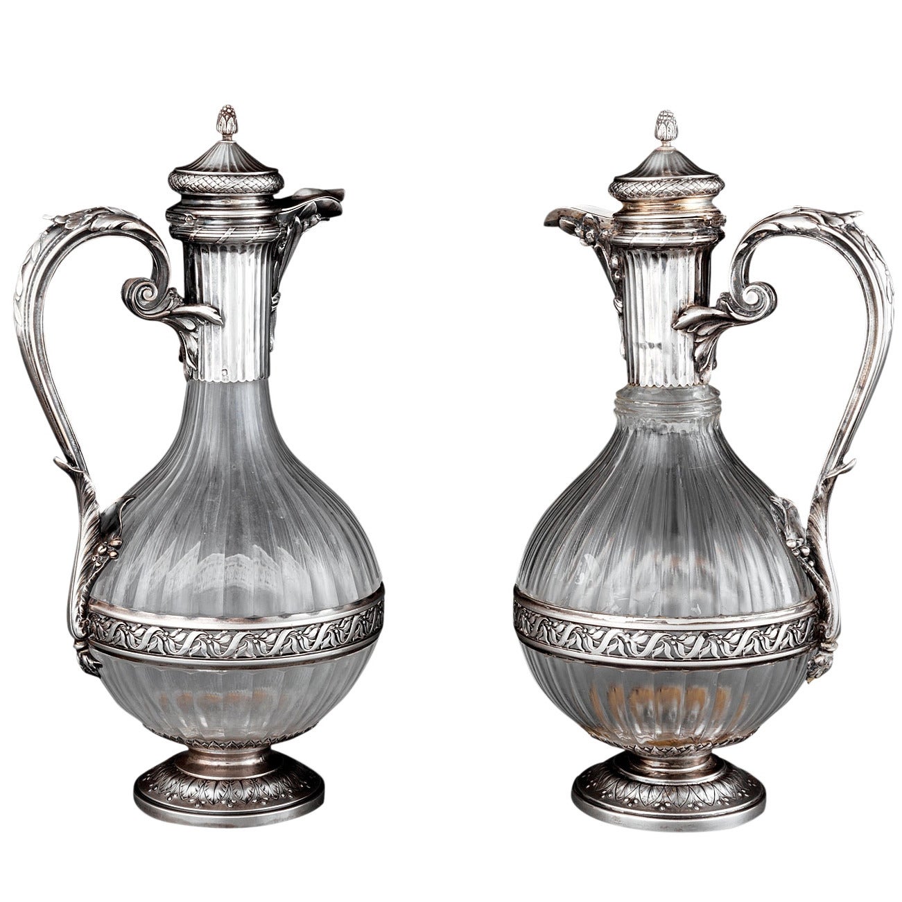 Near Pair of Silver Mounted Crystal Claret Jugs by Boin-Taburet, Paris