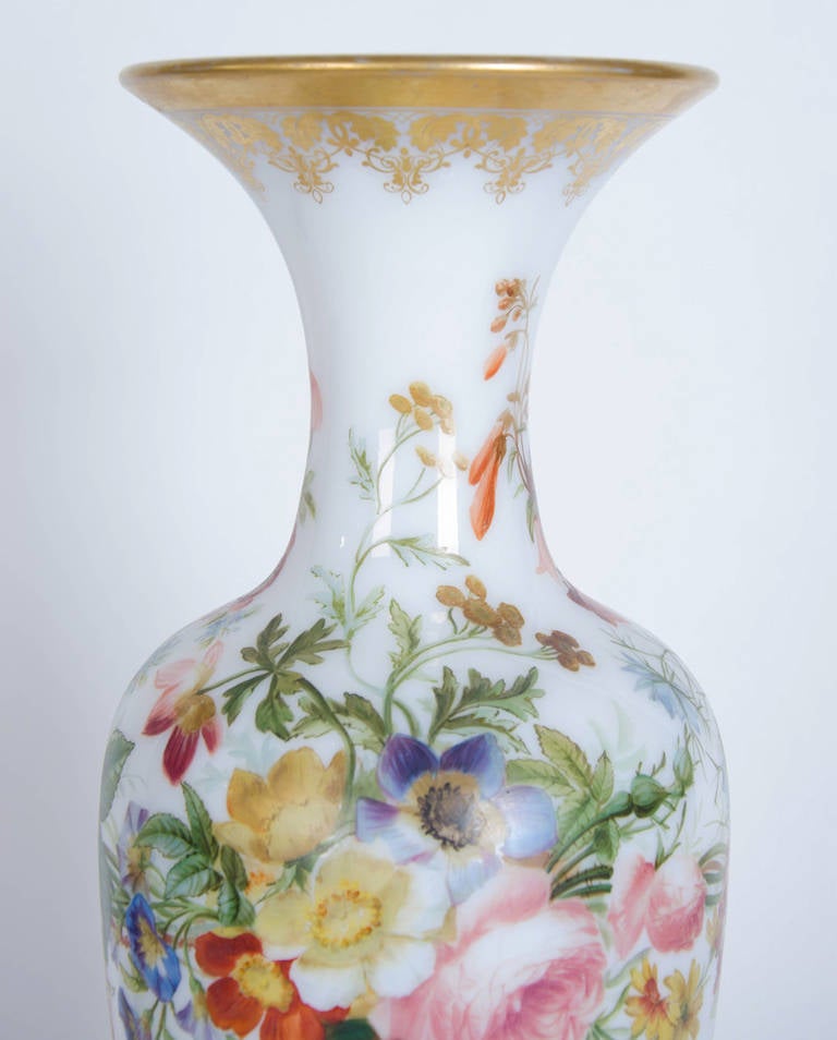 Opaque Glass Vase Painted with a Floral Decor by Baccarat For Sale at