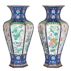 Pair of Hexagonal Shaped Cloisonne Enamel Vases 4