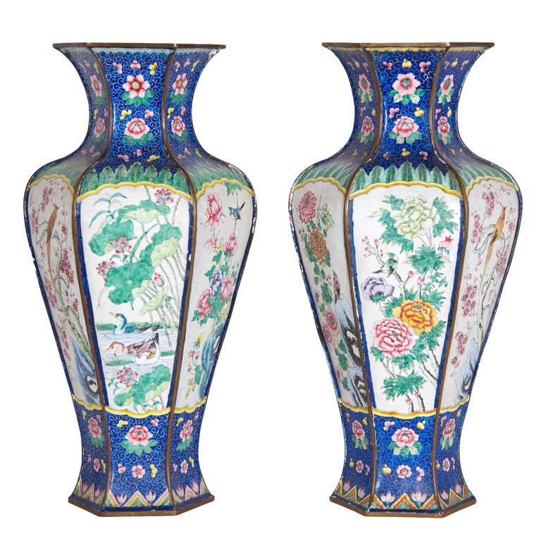 Pair of Hexagonal Shaped Cloisonne Enamel Vases For Sale at 1stDibs