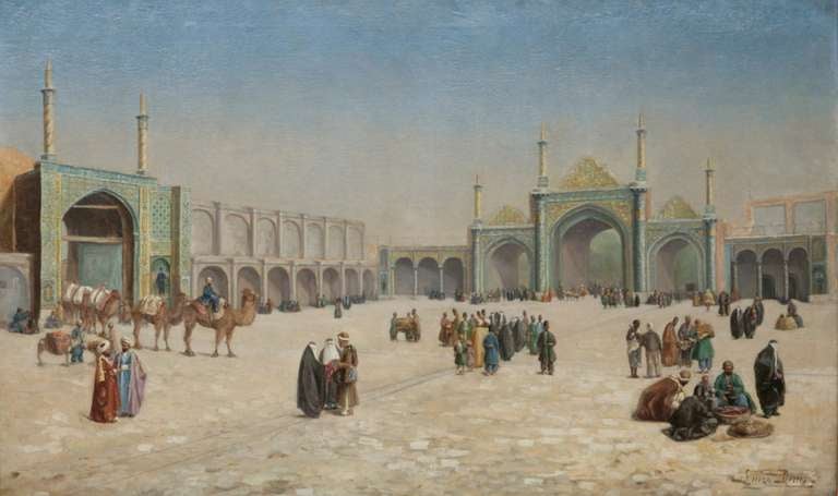 An orientalist painting of the courtyard of an Ottoman palace by Luizo Denis.

Signed lower right 'Luizo Denis.'