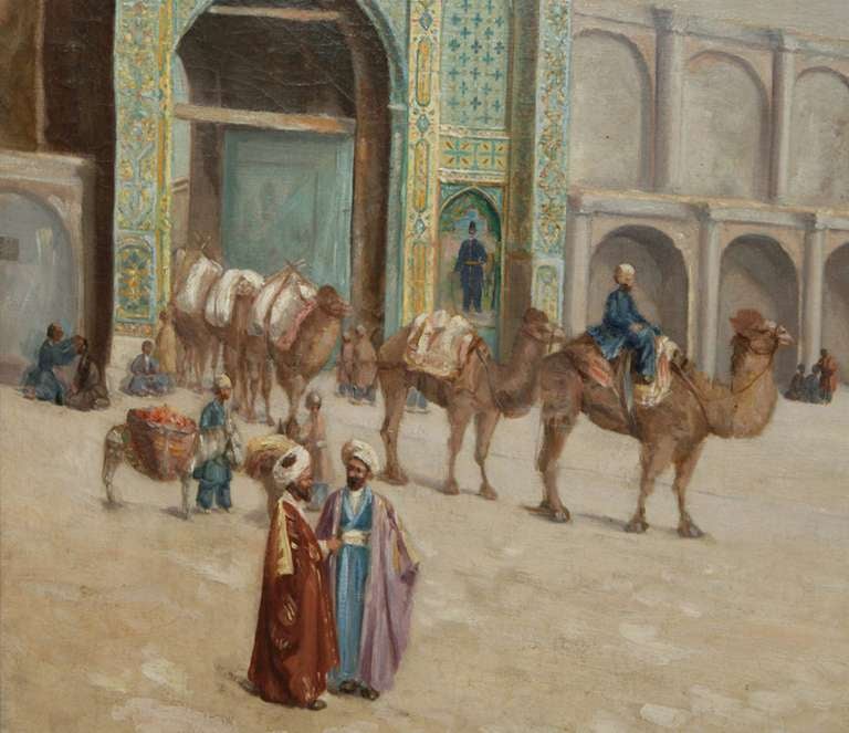 Orientalist Painting of the Courtyard of an Ottoman Palace by Luizo Denis In Excellent Condition In London, GB