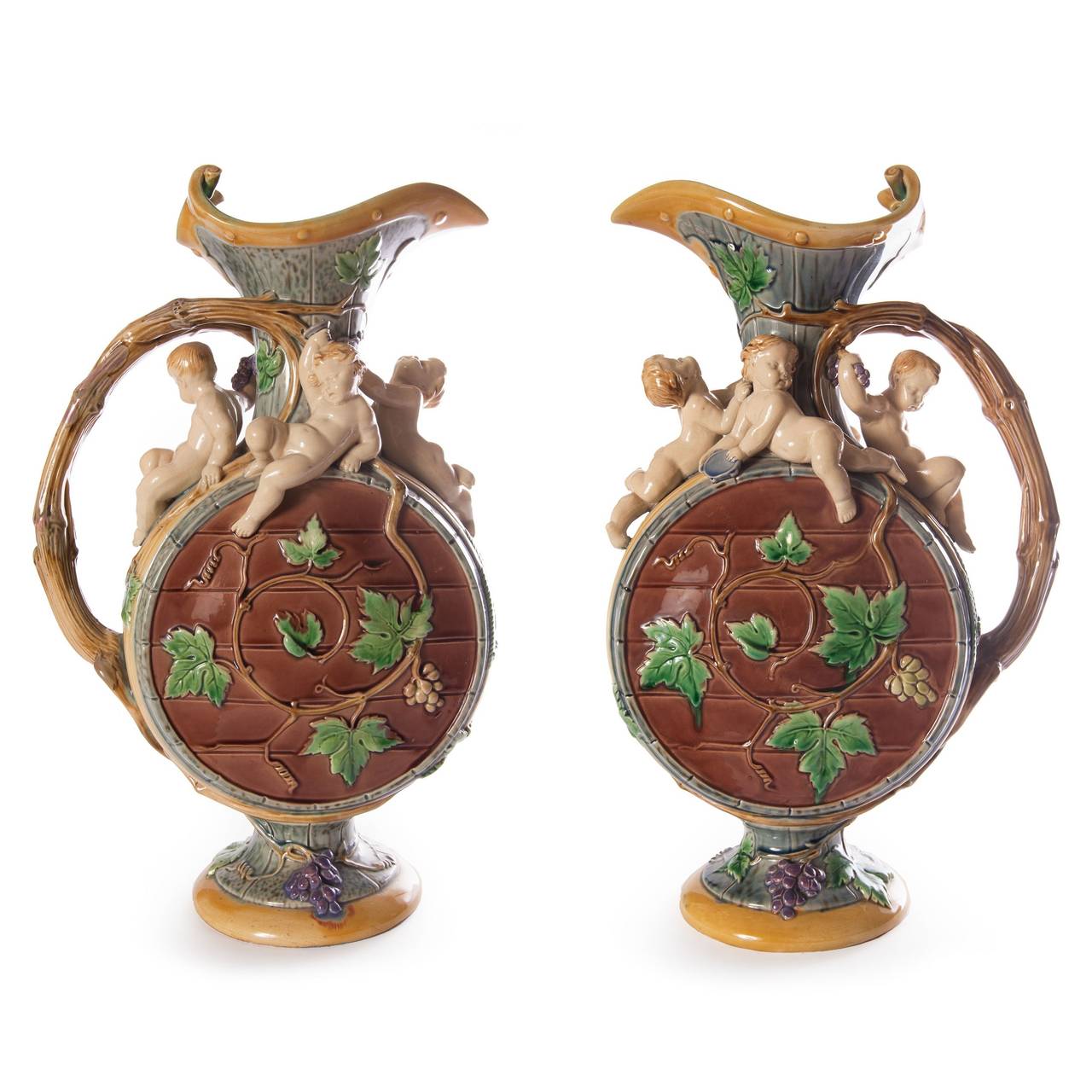 Matched pair of antique Minton majolica 'Protat' ewers