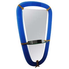 1958's Italian Mirror with Blue Glass Frame and Crystal Shelf by Cristal Art