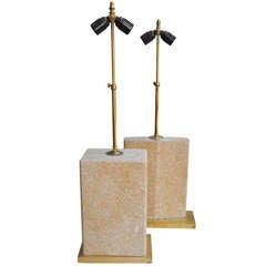 1970s Couple of English Table Lamps in Travertine and Brass