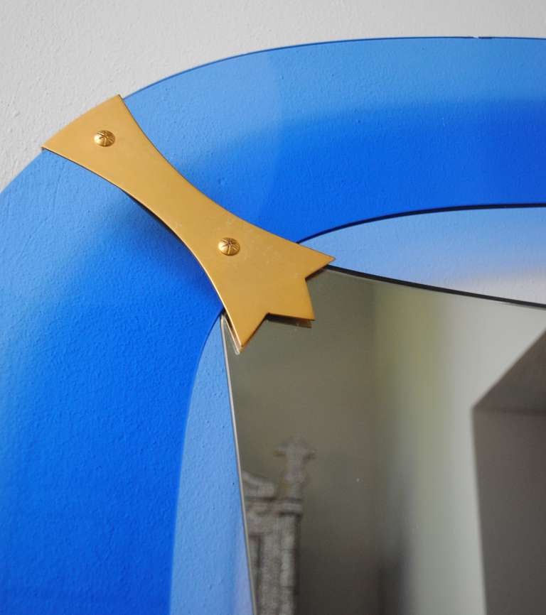 1958's Italian Mirror with Blue Glass Frame and Crystal Shelf by Cristal Art For Sale 5