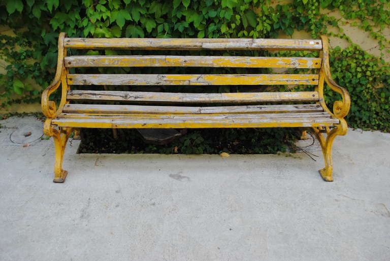 19th Century French Bench with Wood Seat and Cast Iron Arms and Structure