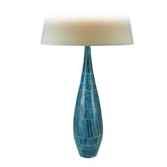 Tall Blue Sgraffito Pattern Ceramic Table Lamp by Guido Gambone
