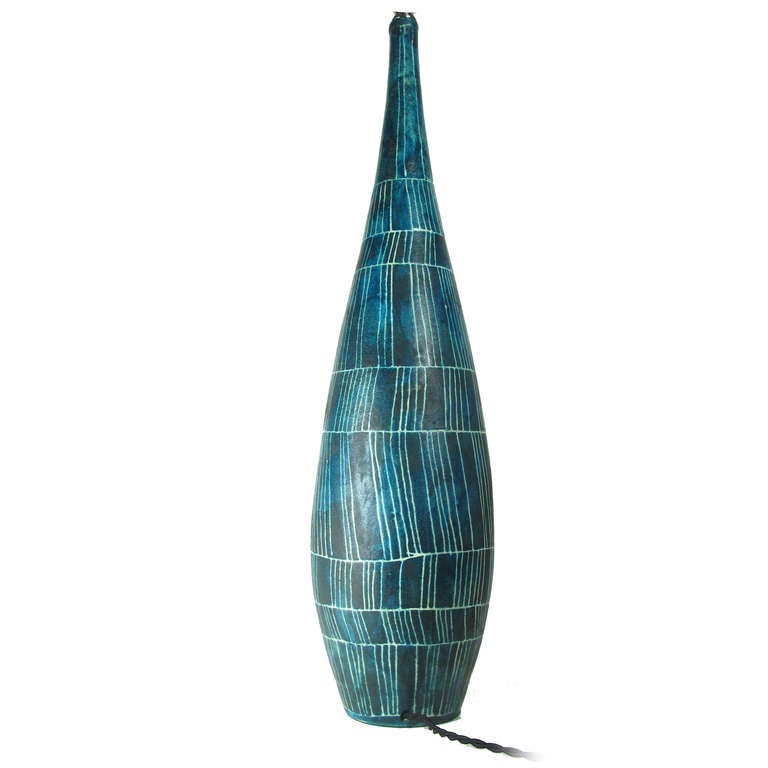 Italian Tall Blue Sgraffito Pattern Ceramic Table Lamp by Guido Gambone