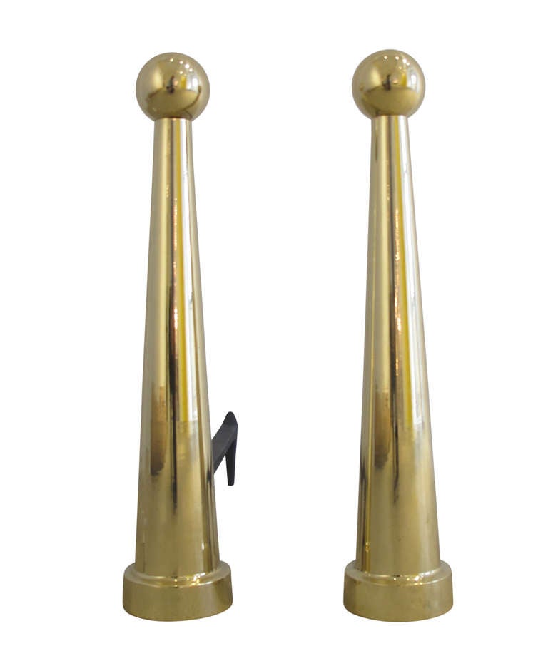 Polished brass conical form andirons.