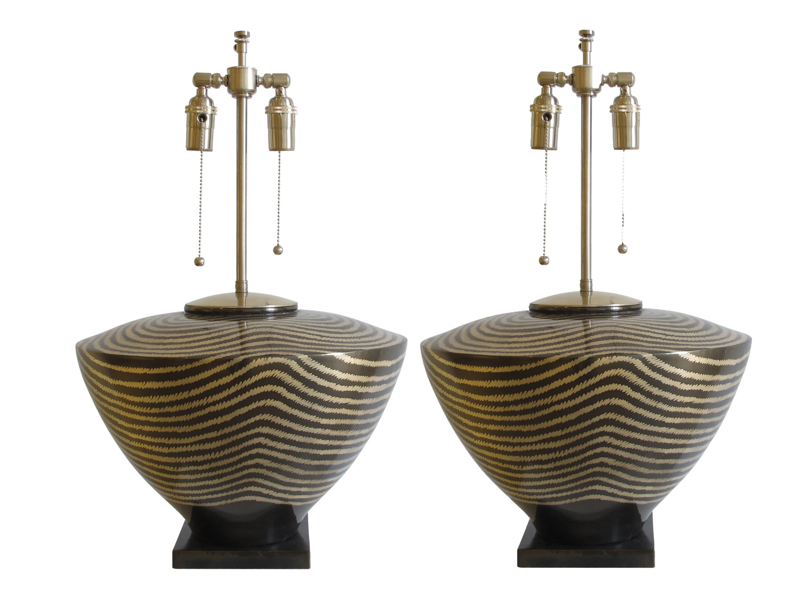 Pair of Monochromatic Patterned Brass Lamps by Jay Spectre for Paul Hanson